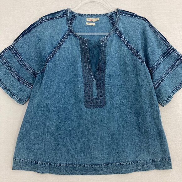 Faherty Blue Denim Organic Cotton Tie Front Boho Short Sleeve Blouse Small - Picture 1 of 10
